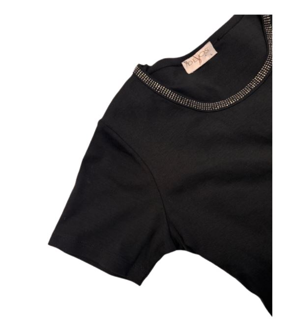 T-Shirt - Ronde Hals Fantasie Stras - Zwart 