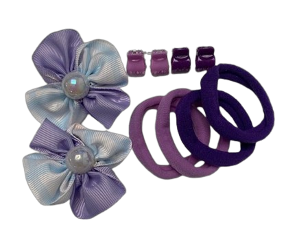 D'ana 2 knijpertjes bloem blauw/lila- 4 knijpertjes mauve/lila en 4 elastieken mauve/lila