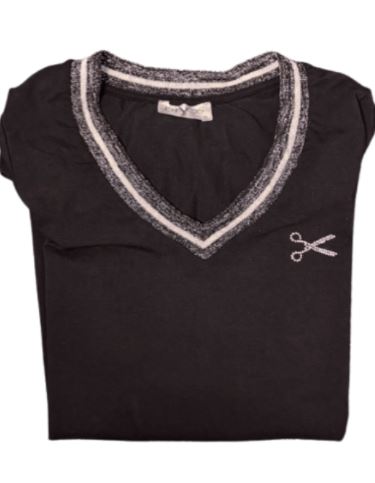 *** T-Shirt - 20/18 mouw en zilver V-hals niet-geborduurd Zwart XXL (kopie)