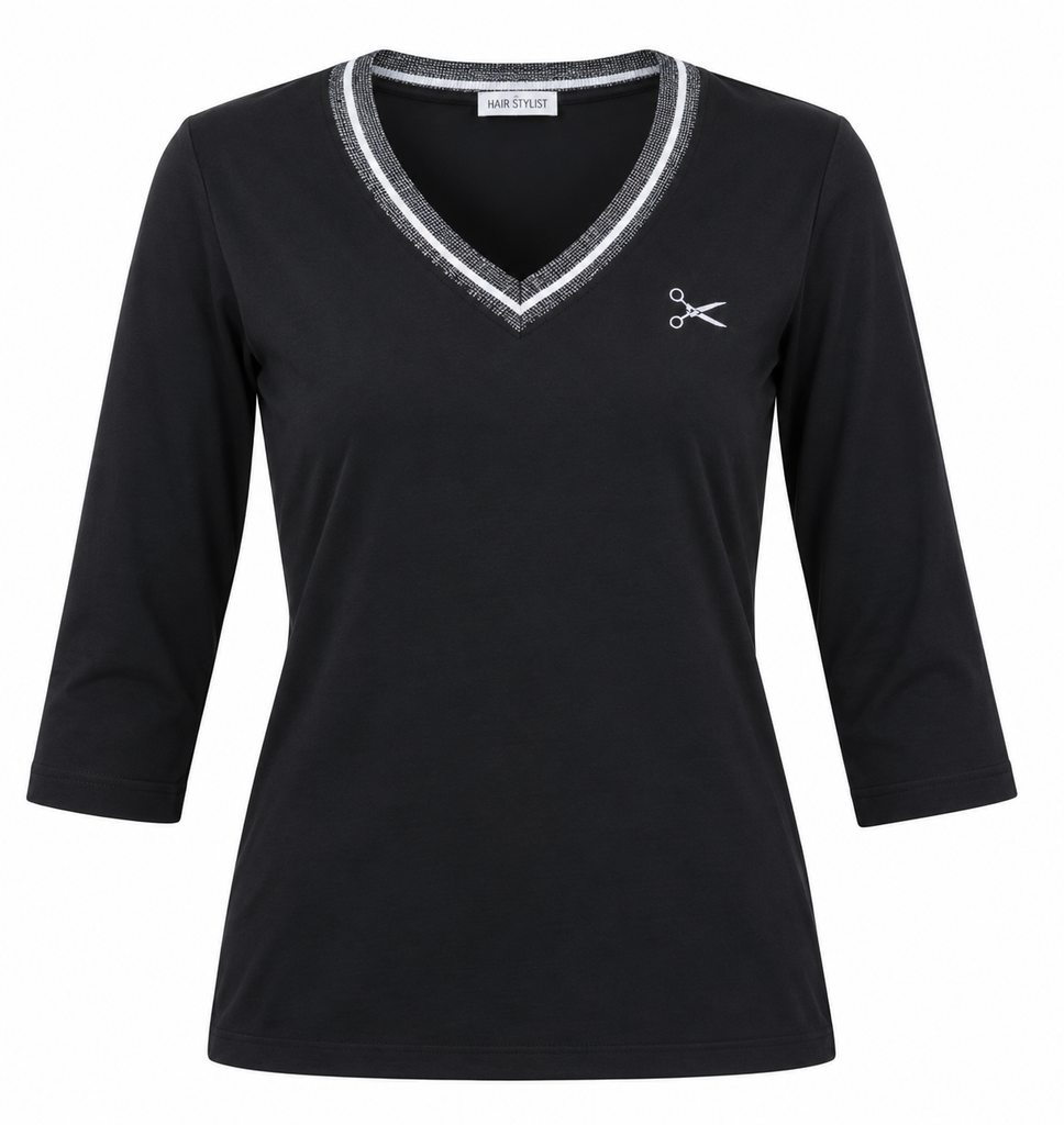 T-Shirt - V-hals Zilver Fantasie Met mouw - Zwart 