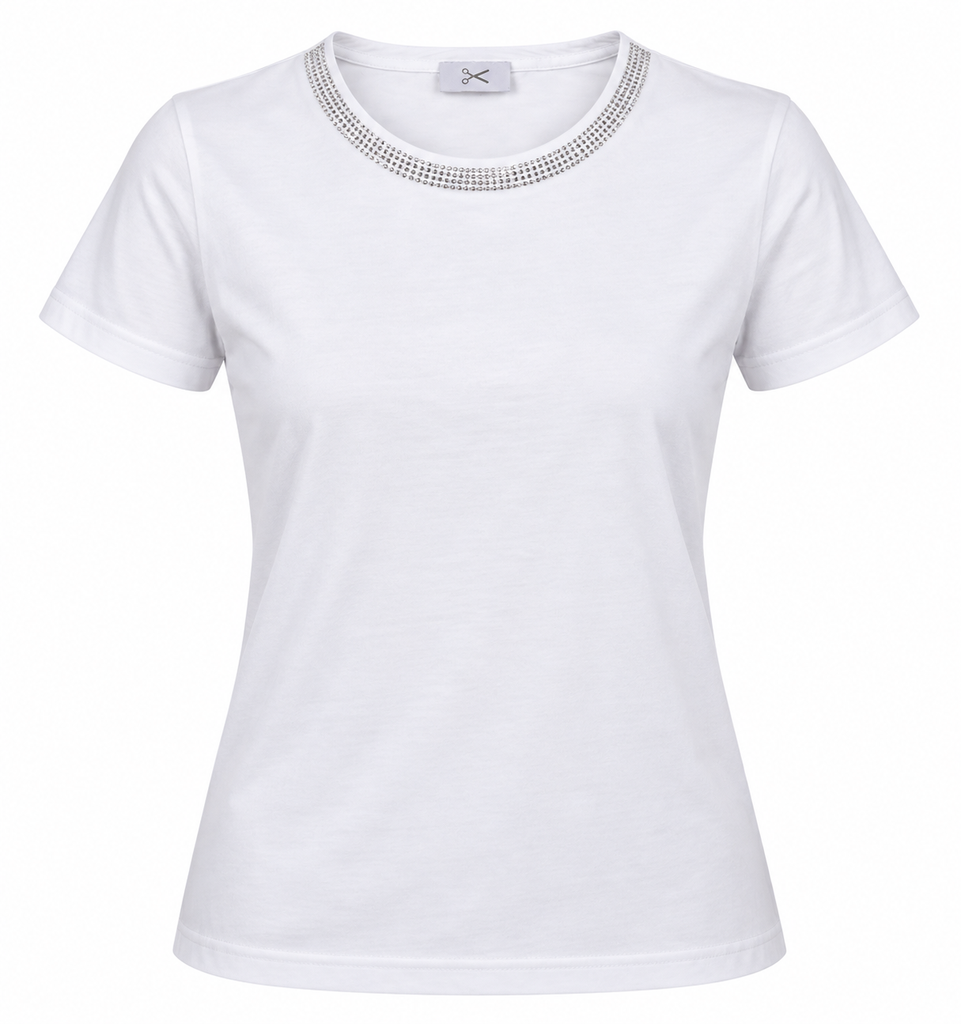 T-Shirt - ronde hals met stras niet-geborduurd Wit 