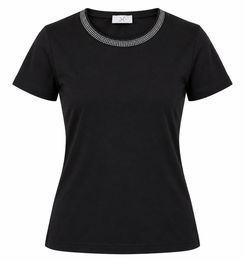 T-Shirt - Ronde Hals Fantasie Stras - Zwart 